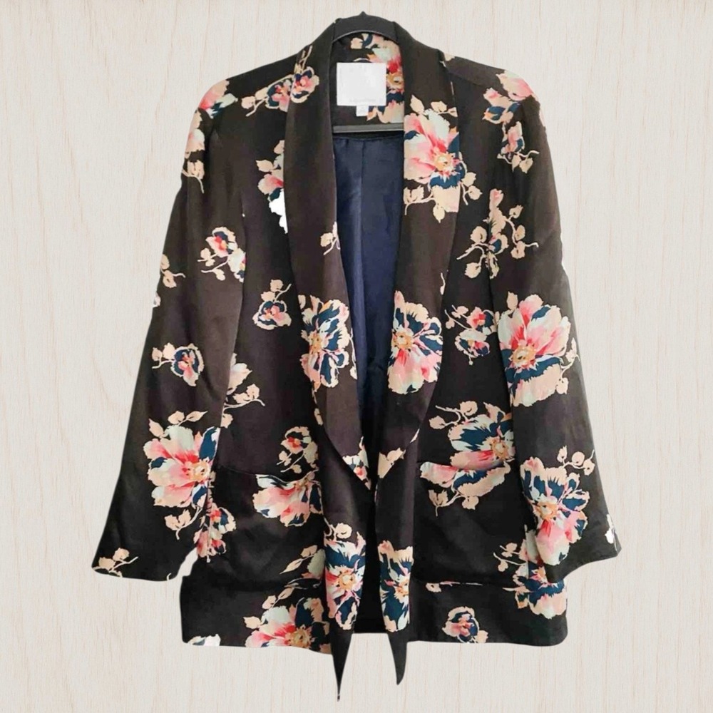 Anthropologie Ett Twa Floral Blazer Black Pink Blue Open Front Jacket Small